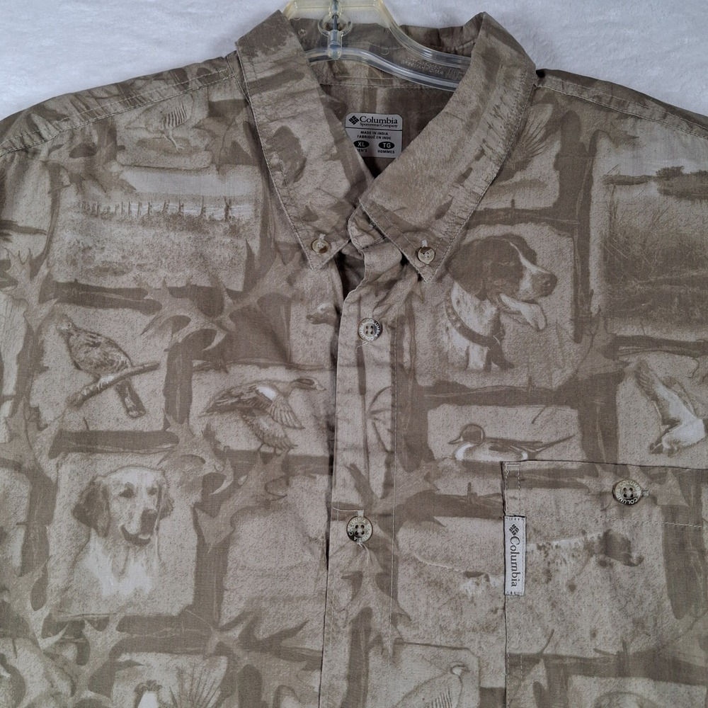 Columbia PHG Mens XL Hunting Dog Duck Pheasant Print Button Down Shirt Khaki